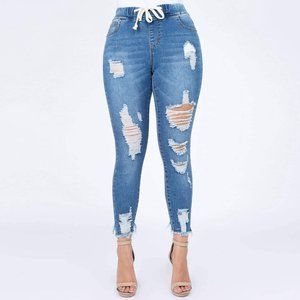 AMERICAN BAZI PLUS SIZE DENIM JOGGERS  DRAWSTRINGS